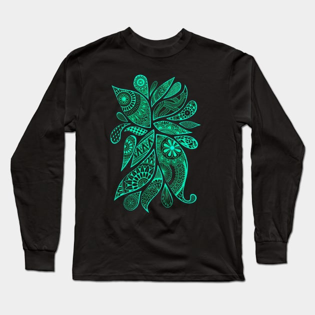 Abstract Zentangle Swirls Design (cyan on black) Long Sleeve T-Shirt by calenbundalas